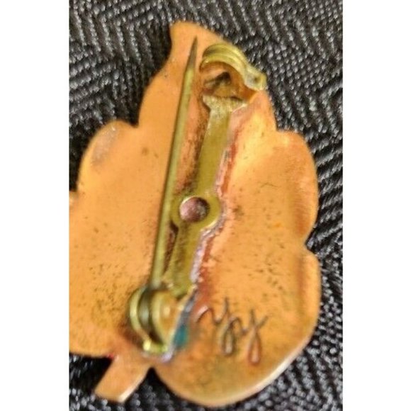 Red Orange Enameled Metal Leaf Pin Signed hh? yy? - Picture 3 of 4